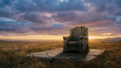 Ancient stone throne in a grassy field under a dramatic sky. Fantasy concept for historical epic or myth advertising.