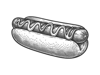 hot dog in a bun, topped with mustard, drawn in retro engraving style sketch engraving generative ai raster illustration. Scratch board imitation. Black and white image.