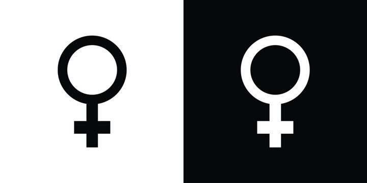Venus symbol representing female gender and femininity. Simple bold icon for health, sociology, and equality concepts. Includes black on white and white on black versions.