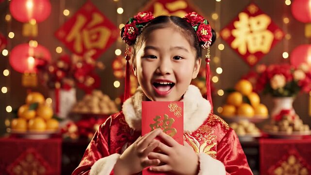 Young Girl Celebrating Chinese New Year - A young Asian girl in traditional clothing smiles and holds a red envelope during Chinese New Year celebrations.