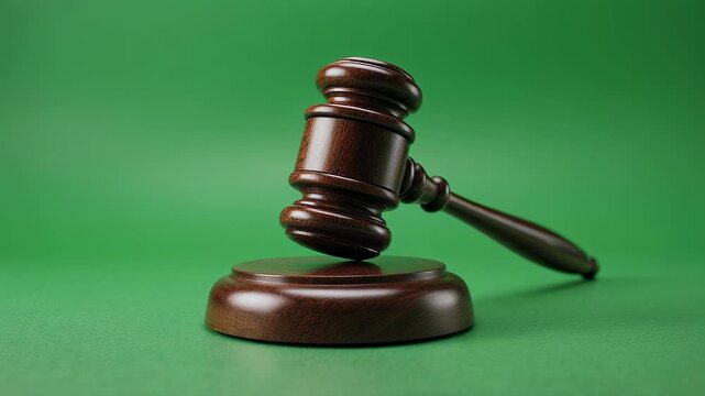 A wooden gavel and base rest on a green textured surface, suggesting a courtroom or legal context