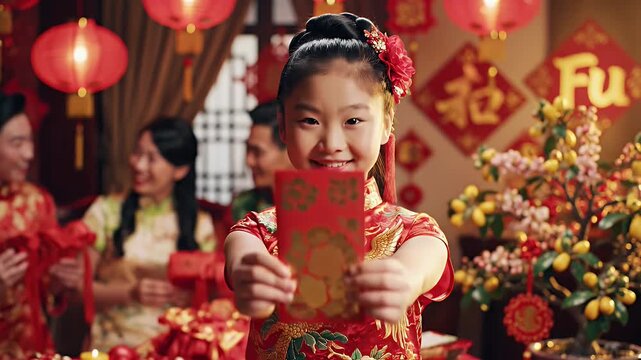 Joyful Girl Celebrating Chinese New Year - A young Asian girl in a red traditional dress smiles, holding a red envelope with gold decorations during Chinese New Year celebrations.