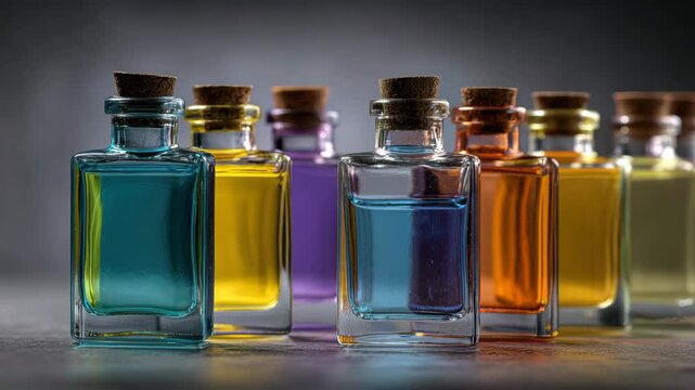 Colorful bottle glass bottle cork stopper colored liquid blue liquid yellow liquid purple liquid amber liquid still life studio lighting shallow depth of field warm reflective surface soft studio