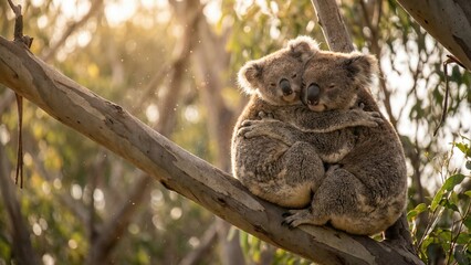 Fototapeta premium Two koala bear cuddling on a tree branch, symbolizing love and togetherness, Valentines day greeting card background.