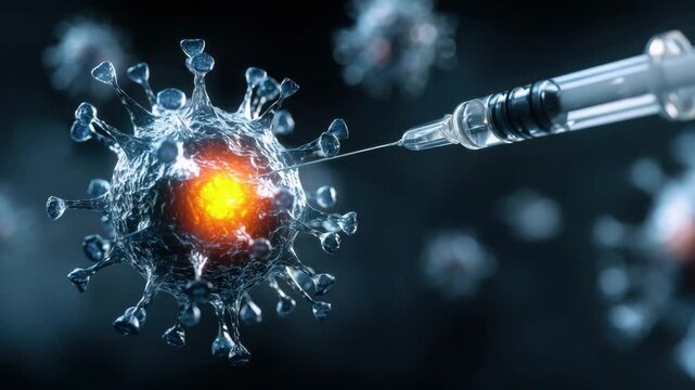 Microscopic virus particle with glowing core being pierced by syringe needle laboratory, vaccine injection research and medical intervention showing pathogen, coronavirus particle and urgent