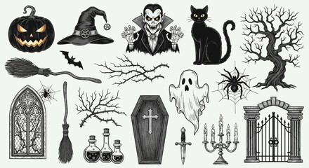 Obraz premium Classic Halloween Icons Collection: Spooky and Festive Vector Graphics for Design