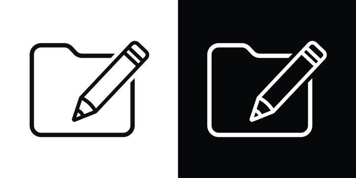 Folder with pencil icon signifying edit or rename function. Outline vector illustration for document management, file organization, and workspace settings. Clean UI/UX design symbol.