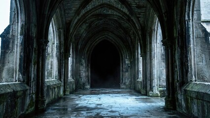 Fototapeta premium Dark medieval stone gothic archway leading into a mysterious black void. Ancient fantasy dungeon or castle corridor creating an eerie, haunting atmosphere.