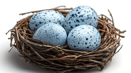 Obraz premium Four blue speckled eggs sit in a nest made of twigs placed on a plain background