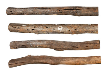  Weathered driftwood log and rustic broken tree branches. Broken tree branches with detached bark. Rustic wood branch. © POSMGUYS