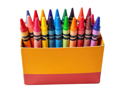 A colorful box filled with crayons on a clean white background, perfect for arts and crafts projects or educational settings