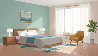 Fototapeta premium Room Interior with Sofa, Armchair and Home Decor – Vector Illustration