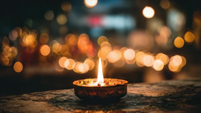 Small clay oil lamp candle light glowing on stone ledge and surface with reflective wet texture, warm bokeh flame glow night devotional prayer warm light candlelight, peaceful intimate atmosphere