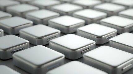 A sterile pattern of many identical metallic portable power bank chargers arranged in neat rows