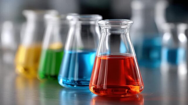 Colorful laboratory flasks and conical glassware with red, blue, green and yellow chemical solutions and liquid reflective surface conveying science experiment, chemistry analysis, laboratory