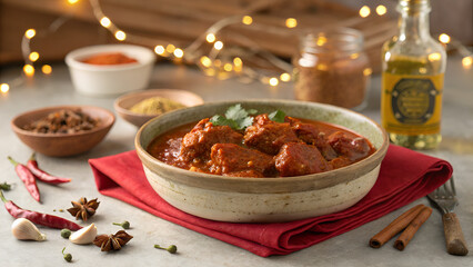 Spicy Vindaloo Curry in Traditional Indian Setting &ndash; Authentic Indian Dish