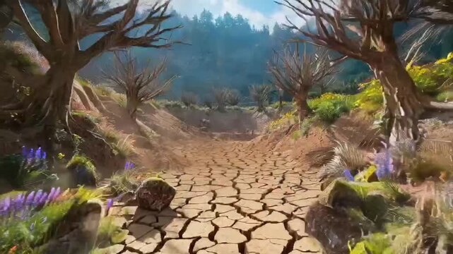 A sunlit valley trail of cracked earth winds between leafless trees and rocky slopes, dotted with tufts of grass and purple wildflowers, leading toward misty forested hills beneath a bright blue sky.