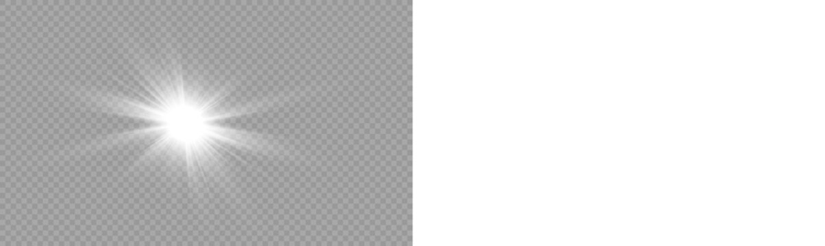 Lens flare sunlight effect with optical rings and bright rays. Stock vector illustration on transparent background.	