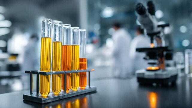 Test tubes with amber liquid rack laboratory bench reflecting warm glow, amber liquid four glass test tube metal rack laboratory with blurred microscope and scientist background conveying research