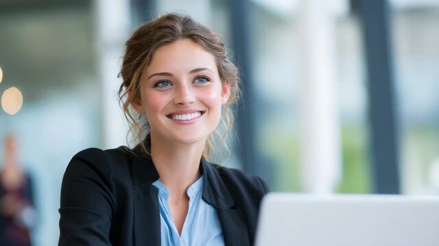 Smiling businesswoman portrait in modern office with laptop, confident professional woman coworker in suit and blouse, young woman smiling while working on laptop conveying optimism and productivity