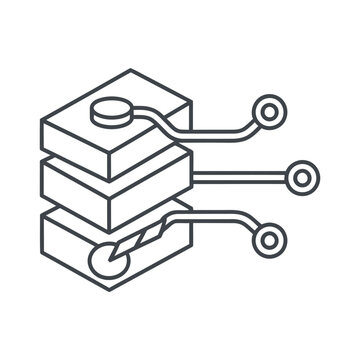 Layered data storage icon, abstract server and database concept with lines and circles on transparent background