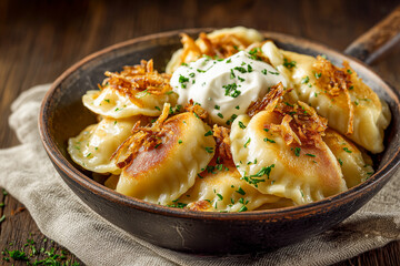  traditional polish pierogi with fried onions and sour cream in a bowl on dark wooden table background