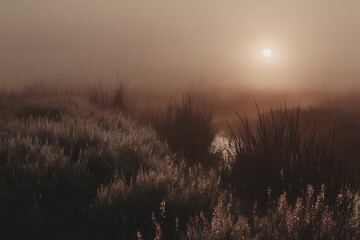 Fototapeta premium A serene landscape of a misty field at sunrise, with soft light filtering through the fog and illuminating the grass.
