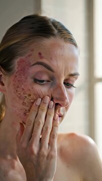 Cinematic macro close-up woman touching her cheek, highlighting rosacea red patches bumps morning sunlight bathroom window skin texture emotional expression concern, natural makeup removed, hand brush