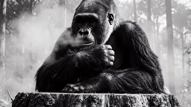 Gorilla Resting on Tree Stump - A black and white video features a gorilla relaxing on a tree stump in a forest.