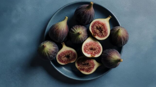 Overhead view of figs arranged on a blue plate against a matching textured background