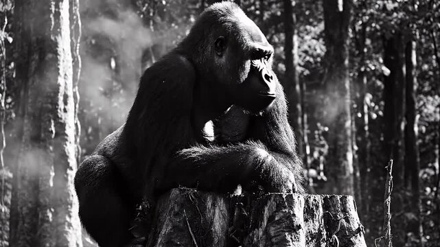 Silverback Gorilla Portrait in Black and White - A powerful silverback gorilla sits majestically atop a tree stump in a forest, video in black and white.
