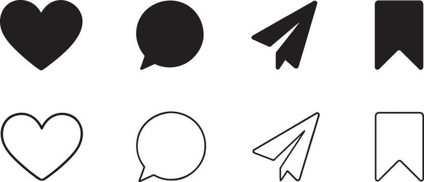 Social media like comment share and save icon set in bold and line art style vector.