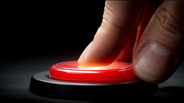Hand Hovers Over Red Button on Black Background Ready for Action in Dim Light Setting Capturing Anticipation and Moment Before Decision