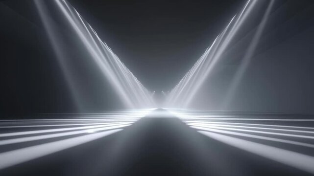 An abstract dark night backdrop featuring a glowing blue stage spotlight with motion blur rays and light beam lines for a theater design wallpaper