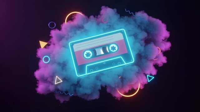 Pixelated Cassette Tape with Neon Outline Floating on a Smoke Cloud with Geometric Shapes on a Dark Background for Adobe Stock
