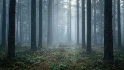 Fototapeta premium Deep pine forest with fog on a cold morning. Mysterious woodland with tall trees and thick mist. Ethereal nordic nature scene for tranquil background.
