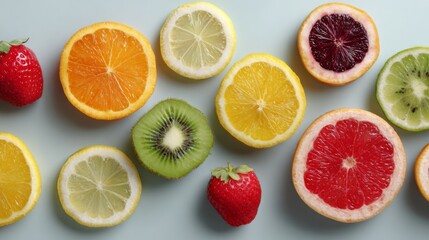 Fototapeta premium A vibrant arrangement of sliced citrus fruits, including oranges, lemons, and grapefruits alongside fresh strawberries and kiwi.
