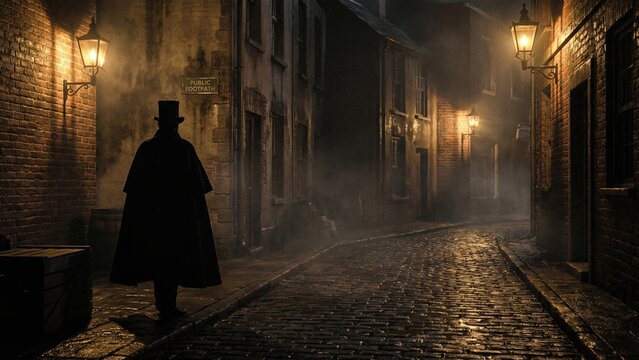 Man in Victorian era attire standing on a cobblestone street at night. Historical mysterious urban scene with gas lamps and fog for vintage projects.