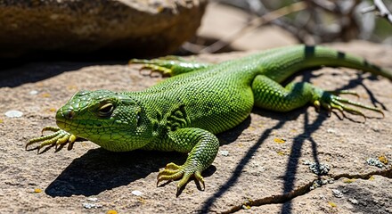 Obraz premium Vibrant Green Lizard Basking on a Sun-Drenched Rock Surface.