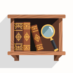 Vintage wooden bookshelf featuring old leather-bound books and a classic magnifying glass for research and detective work in a library or study room setting.