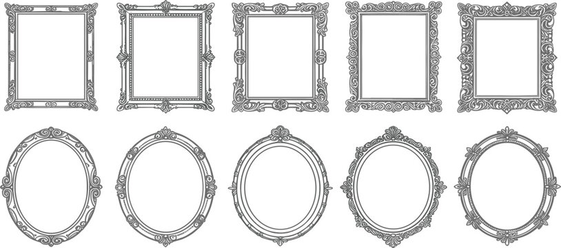 Set of antique decorative picture frames vector, with gold and silver borders, for luxury art exhibition
