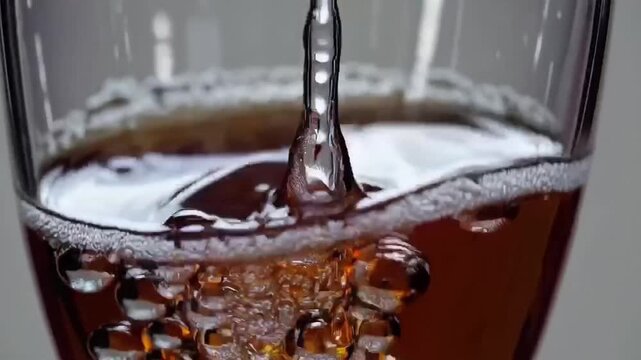 A close-up of a glass as a stream of dark amber soda pours in, bubbles bloom and drift, a foamy ring clings to the rim, and a glossy splash column rises through the carbonated surface.