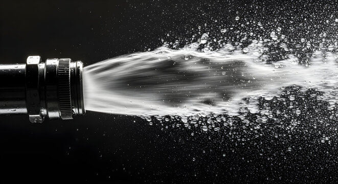 Powerful stream of clear water forcefully erupting from a metal hose nozzle, creating a dynamic splash and misty spray against a contrasting dark background, illustrating fluid motion and pressure