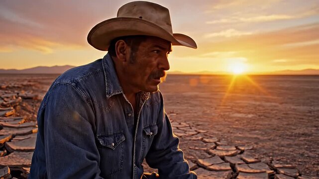 Despair in the Desert: Cowboy's Drought - A man wearing a cowboy hat and denim shirt sits hunched over on cracked, dry land, appearing defeated or contemplative during sunset.