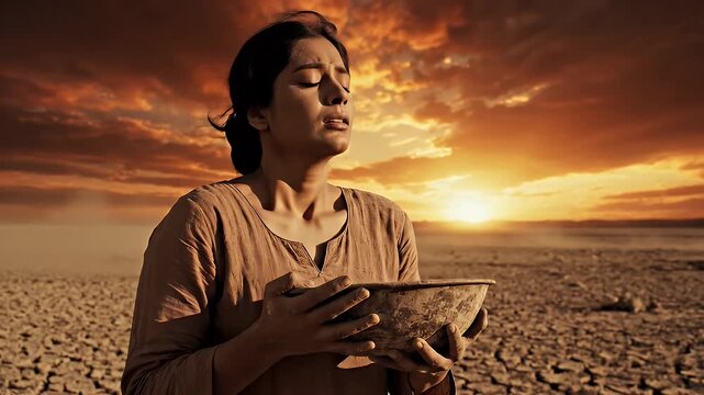 Thirsty Woman in Arid Landscape - A woman dressed in modest clothing holds a bowl as she looks towards the sky hopefully.