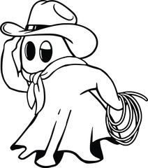 Obraz premium Cute Ghost Cowboy with Lasso and Bandana Black and White Hand Drawn, Vintage Western Vector Illustration