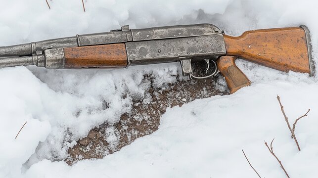 A tarnished Soviet bayonet fixed to a vintage Mosin Nagant rifle resting in the snow