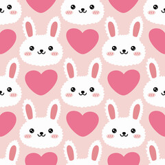 Obraz premium Adorable Kawaii Rabbit and Pink Heart Seamless Texture for Kids Textile and Decor