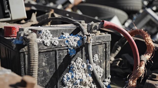 Old Battery at Scrap Yard - Close-up shot of a corroded and worn-out car battery discarded at a junkyard. The battery is surrounded by other scrap metal and materials.
