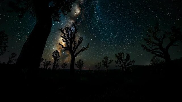 Night sky over trees silhouette. Stars shine, a cloudy patch in the upper left